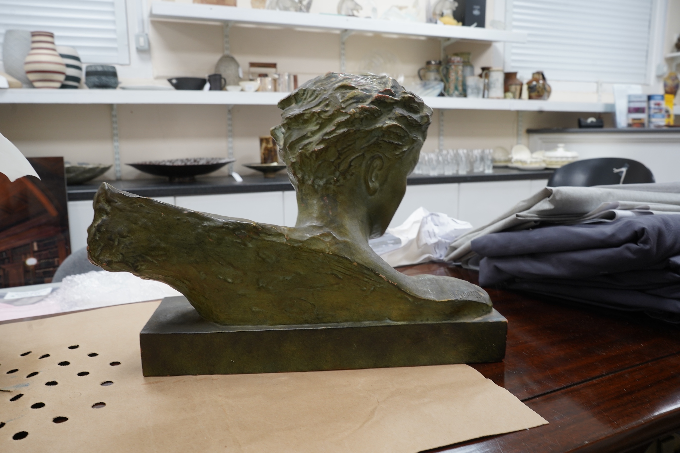 Gauthiot - bronzed terracotta portrait bust, Aviator Mermoz, 46cm wide x 33cm high